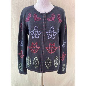 Christopher & Banks Hand Embroidered Leaves Autumn/Fall Knit Cardigan Sweater